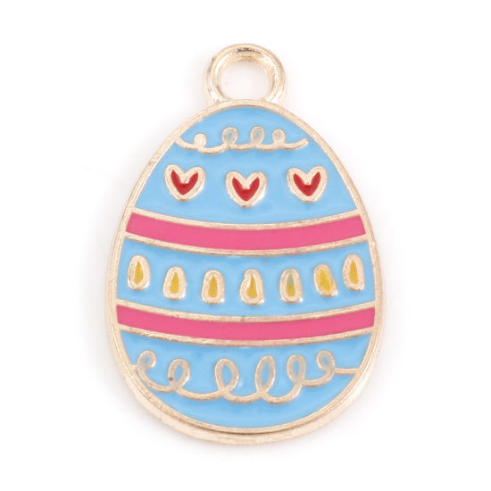 Bild von Zinklegierung Ostertag Charms Ei Vergoldet Blau Streifen Emaille 22mm x 14mm, 20 Stück