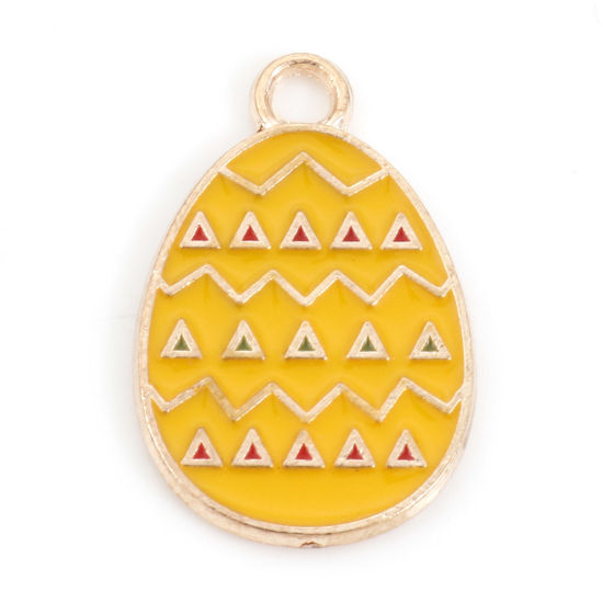 Bild von Zinklegierung Ostertag Charms Ei Vergoldet Gelb Streifen Emaille 22mm x 14mm, 20 Stück