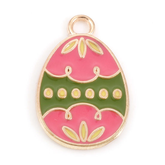 Bild von Zinklegierung Ostertag Charms Ei Vergoldet Grün Blumen Emaille 22mm x 14mm, 20 Stück