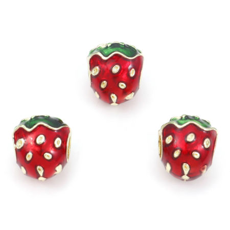 Image de Perles à Gros Trou de Style Européen en Alliage de Zinc Doré Fraises Émail 13mm x 11mm, Trou: Environ 4mm, 5 Pcs