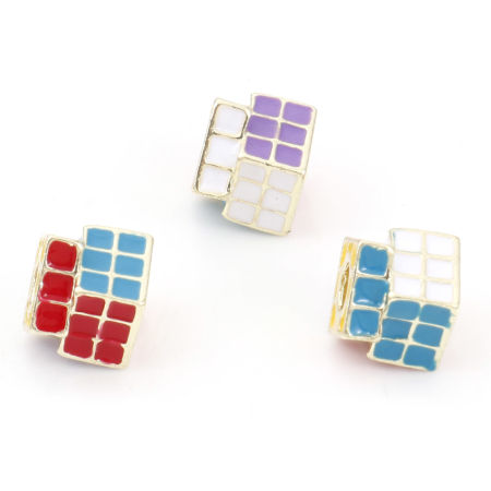 Image de Perles à Gros Trou de Style Européen en Alliage de Zinc Doré Cube de Rubik/ Cube Magique Émail 13mm x 10mm, Trou: Environ 4.2mm, 5 Pcs