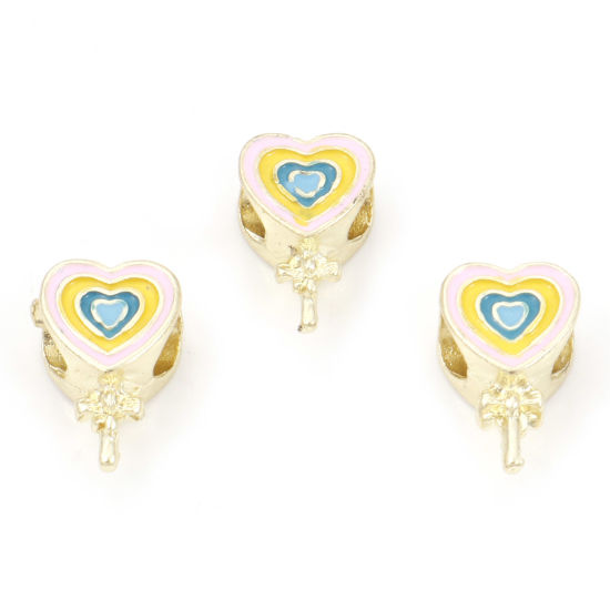 Picture of Zinc Based Alloy European Style Large Hole Charm Beads Gold Plated Lollipop Enamel 14mm x 9mm, Hole: Approx 4.2mm, 5 PCs