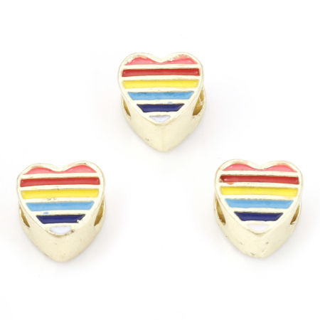 Bild von Zinklegierung Charm-Perlen mit großem Loch im europäischen Stil Vergoldet Herz Regenbogen Emaille 10mm x 10mm, Loch: Ca. 4mm, 5 Stück