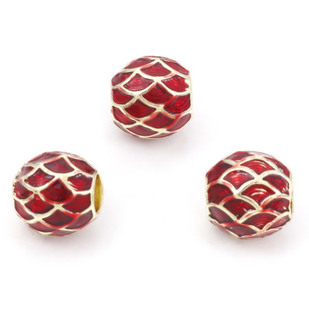 Image de Perles à Gros Trou de Style Européen en Alliage de Zinc Doré Tonneau Ecailles de Poisson Émail 10mm x 10mm, Trou: Environ 4mm, 5 Pcs