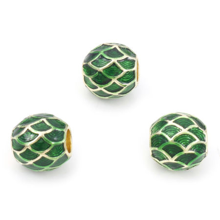 Image de Perles à Gros Trou de Style Européen en Alliage de Zinc Doré Tonneau Ecailles de Poisson Émail 10mm x 10mm, Trou: Environ 4mm, 5 Pcs