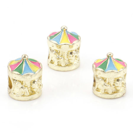 Image de Perles à Gros Trou de Style Européen en Alliage de Zinc Doré Cheval en Bois Émail 13mm x 10.5mm, Trou: Environ 4.2mm, 5 Pcs