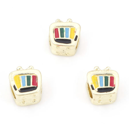 Image de Perles à Gros Trou de Style Européen en Alliage de Zinc Doré Télévision Arc-en-ciel Émail 11mm x 9mm, Trou: Environ 4.2mm, 5 Pcs