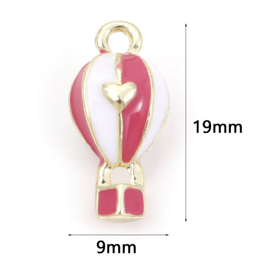 Picture of Zinc Based Alloy Travel Charms Gold Plated Pink Fire Balloon Heart Enamel 19mm x 9mm, 5 PCs