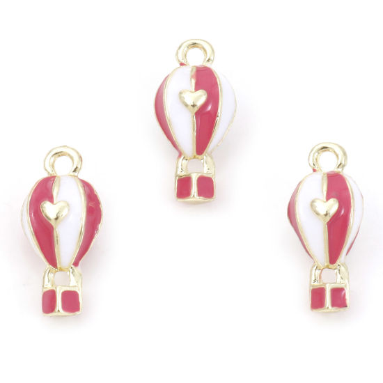 Picture of Zinc Based Alloy Travel Charms Gold Plated Pink Fire Balloon Heart Enamel 19mm x 9mm, 5 PCs