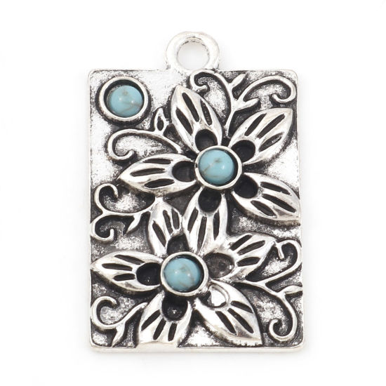 Bild von Zinklegierung Böhmischer Stil Anhänger Rechteck Antiksilber Cyan Blumen Mit Harz Imitat Howlith Cabochons 3cm x 1.9cm, 5 Stück