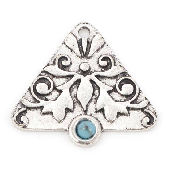 Picture of Zinc Based Alloy Boho Chic Bohemia Pendants Antique Silver Color Green Blue Triangle Flower Vine 3cm x 2.7cm, 5 PCs
