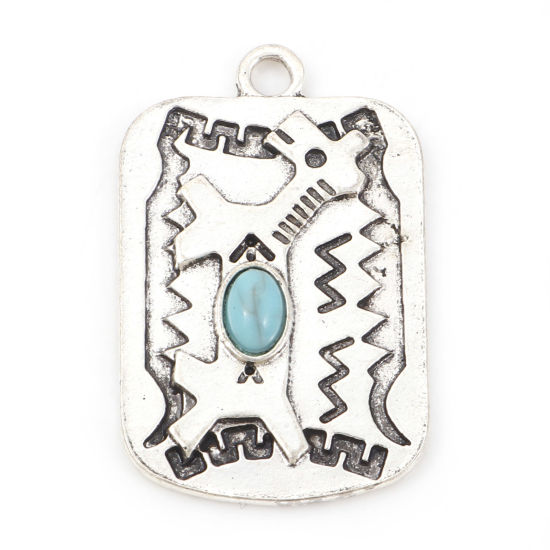 Picture of Zinc Based Alloy Boho Chic Bohemia Pendants Antique Silver Color Green Blue Rectangle Horse With Resin Cabochons Imitation Turquoise 3.4cm x 2.1cm, 5 PCs