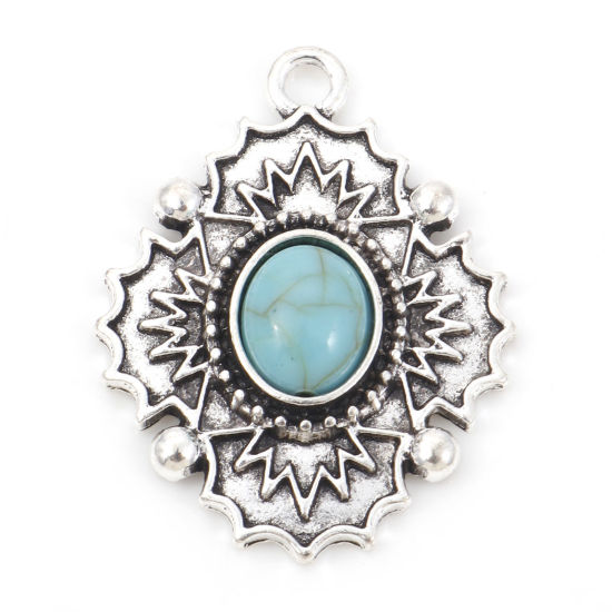 Imagen de Zamak Bohemia Colgantes Plata Antigua Verde Azul Tallado Con Resina Cabochons Imitación Turquesa 3.5cm x 2.7cm, 5 Unidades