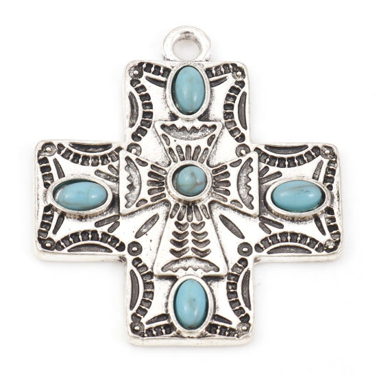 Picture of Zinc Based Alloy Boho Chic Bohemia Pendants Antique Silver Color Green Blue Cross With Resin Cabochons Imitation Turquoise 3.5cm x 3cm, 5 PCs