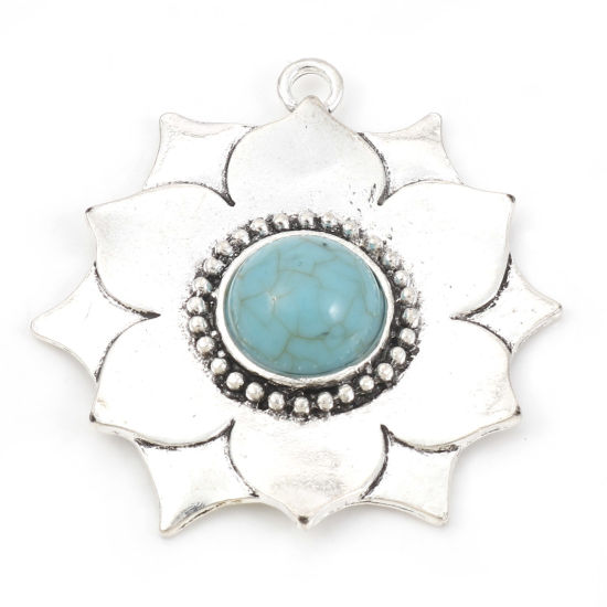 Immagine di Lega di Zinco Stile Bohemien Ciondoli Le foglie del Fiore Argento Antico Verde Blu Con Resina Cabochon Imitazione Turchese 4.8cm x 4.7cm , 2 Pz