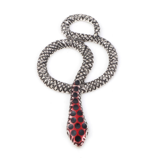 Bild von Zinklegierung Anhänger Schlange Antiksilber Rot Emaille 4.5cm x 2.6cm, 5 Stück
