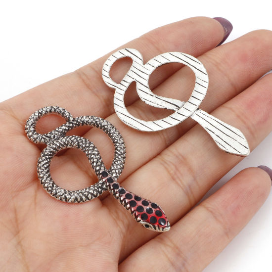 Bild von Zinklegierung Anhänger Schlange Antiksilber Rot Emaille 4.5cm x 2.6cm, 5 Stück
