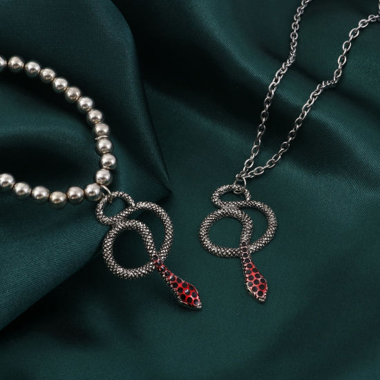 Bild von Zinklegierung Anhänger Schlange Antiksilber Rot Emaille 4.5cm x 2.6cm, 5 Stück