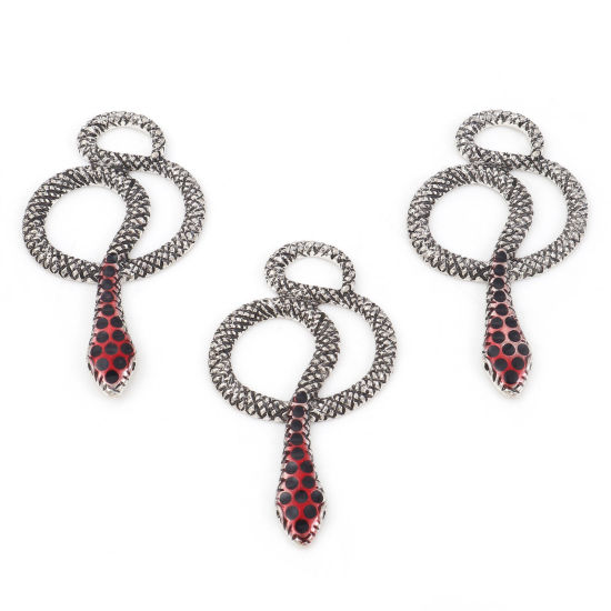 Bild von Zinklegierung Anhänger Schlange Antiksilber Rot Emaille 4.5cm x 2.6cm, 5 Stück