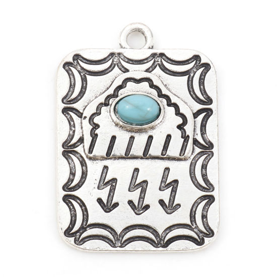 Picture of Zinc Based Alloy Boho Chic Bohemia Pendants Antique Silver Color Green Blue Rectangle Moon With Resin Cabochons Imitation Turquoise 3.3cm x 2.3cm, 5 PCs