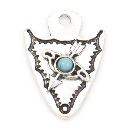 Picture of Zinc Based Alloy Boho Chic Bohemia Pendants Antique Silver Color Green Blue Arrowhead Arrow With Resin Cabochons Imitation Turquoise 3cm x 2.1cm, 5 PCs