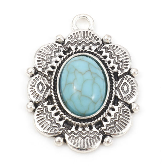 Imagen de Zamak Bohemia Colgantes Óvalo Plata Antigua Verde Azul Tallado Con Resina Cabochons Imitación Turquesa 3.4cm x 2.5cm, 5 Unidades