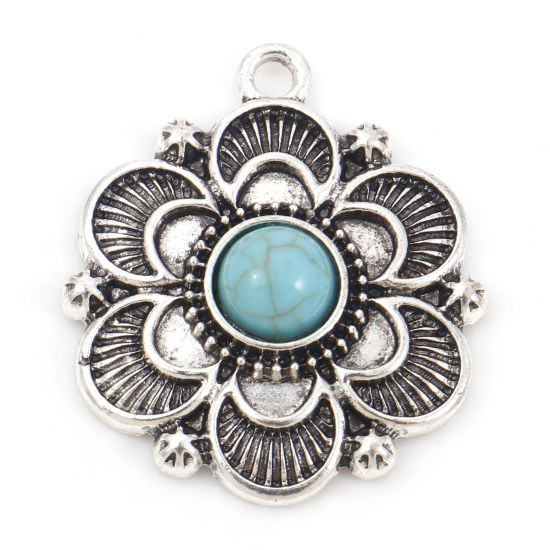 Imagen de Zamak Bohemia Colgantes Luna Media Plata Antigua Verde Azul Flor Con Resina Cabochons Imitación Turquesa 3.4cm x 2.9cm, 5 Unidades
