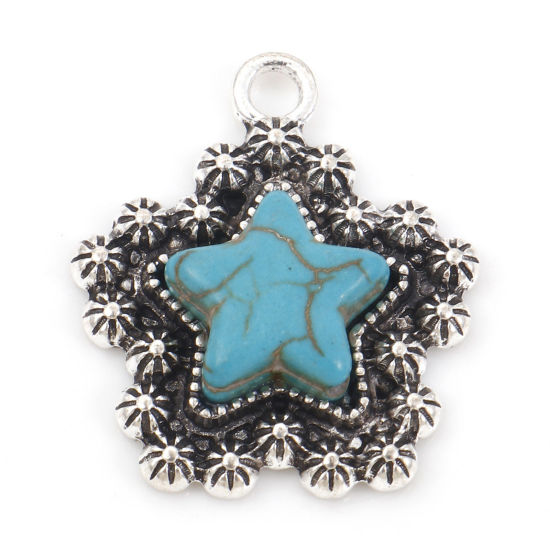 Imagen de Zamak Bohemia Colgantes Charms Estrella Plata Antigua Verde Azul Con Resina Cabochons Imitación Turquesa 26mm x 23mm, 5 Unidades