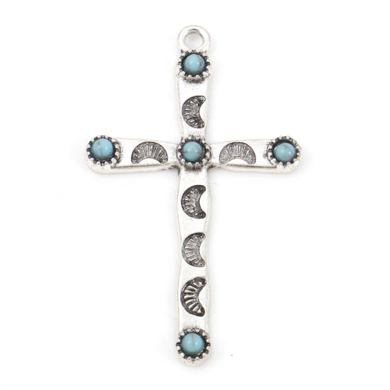 Picture of Zinc Based Alloy Boho Chic Bohemia Pendants Antique Silver Color Green Blue Cross Moon With Resin Cabochons Imitation Turquoise 5.3cm x 3.2cm, 5 PCs