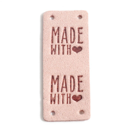 Bild von PU Etiketts Rechteck Rosa , mit Herz Muster, " Made With Love", Veloursleder 5cm x 2cm , 10 Stück