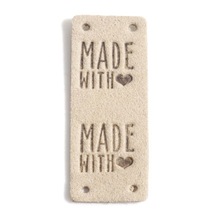 Bild von PU Etiketts Rechteck Hell Khaki , mit Herz Muster, " Made With Love", Veloursleder 5cm x 2cm , 10 Stück