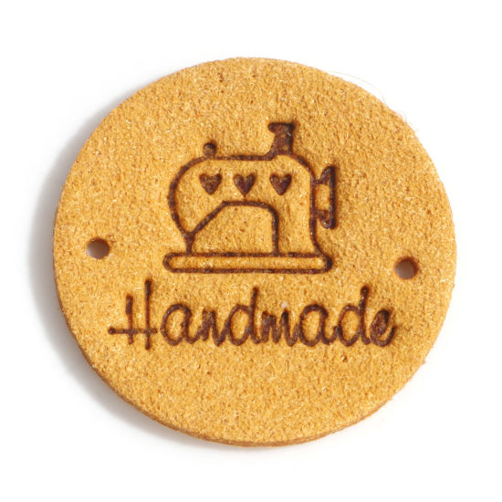 Image de Étiquettes en PU Rond Orange Machine à Couture " Hand Made " Suédine 25mm, 20 Pcs