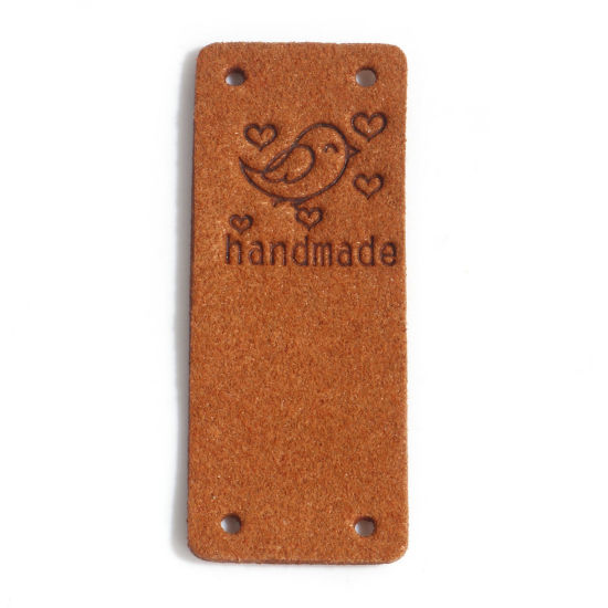 Picture of PU Label Tags Rectangle Brown Bird Pattern " Handmade " Faux Suede 5cm x 2cm , 10 PCs