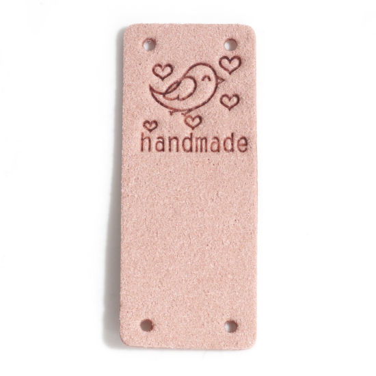 Picture of PU Label Tags Rectangle Pink Bird Pattern " Handmade " Faux Suede 5cm x 2cm , 10 PCs
