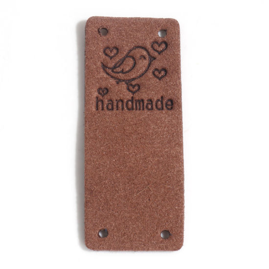 Picture of PU Label Tags Rectangle Dark Brown Bird Pattern " Handmade " Faux Suede 5cm x 2cm , 10 PCs