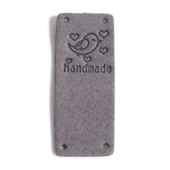 Picture of PU Label Tags Rectangle Gray Bird Pattern " Handmade " Faux Suede 5cm x 2cm , 10 PCs