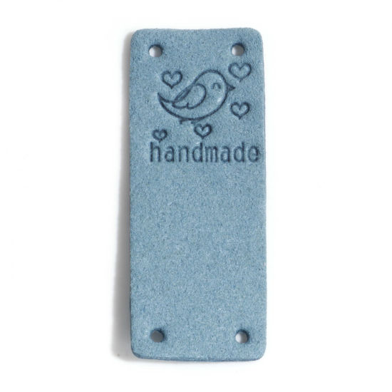 Picture of PU Label Tags Rectangle Steel Gray Bird Pattern " Handmade " Faux Suede 5cm x 2cm , 10 PCs