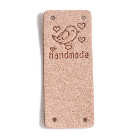 Picture of PU Label Tags Rectangle Beige Bird Pattern " Handmade " Faux Suede 5cm x 2cm , 10 PCs