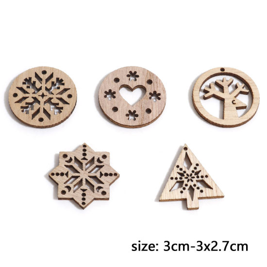 Picture of Wood Embellishments Scrapbooking At Random Mixed Natural Christmas Snowflake Pattern 3cm Dia. - 3x2.7cm, 1 Packet( 50 PCs/Packet)