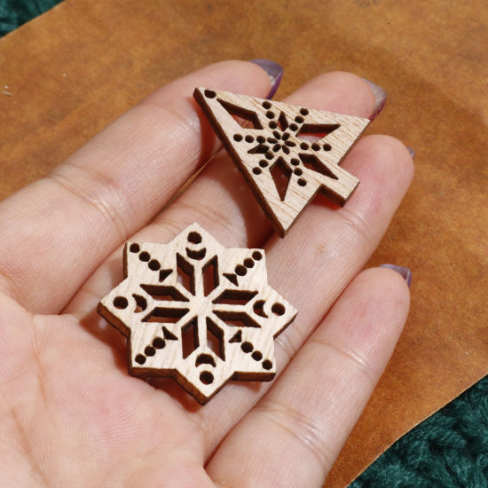 Picture of Wood Embellishments Scrapbooking At Random Mixed Natural Christmas Snowflake Pattern 3cm Dia. - 3x2.7cm, 1 Packet( 50 PCs/Packet)