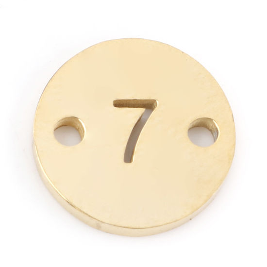 2 個 真空メッキ 304ステンレス鋼 コネクター ペンダント チャーム 円形 金メッキ 文字「 7」 透かし 10mm 直径、 の画像