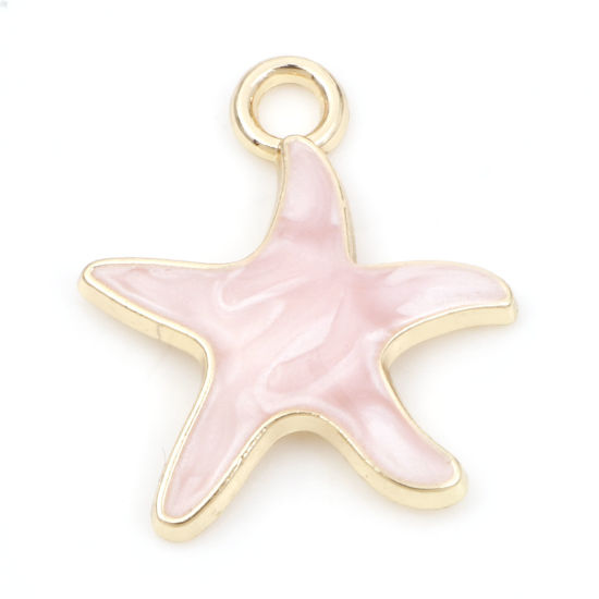 Imagen de Zamak Joyería del océano Colgantes Charms Estrella de mar Chapado en Oro Color rosa Esmalte 21mm x 18mm, 10 Unidades