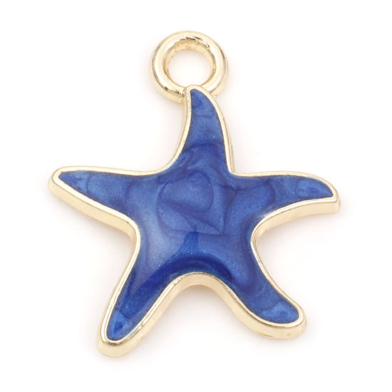 Imagen de Zamak Joyería del océano Colgantes Charms Estrella de mar Chapado en Oro Azul Oscuro Esmalte 21mm x 18mm, 10 Unidades
