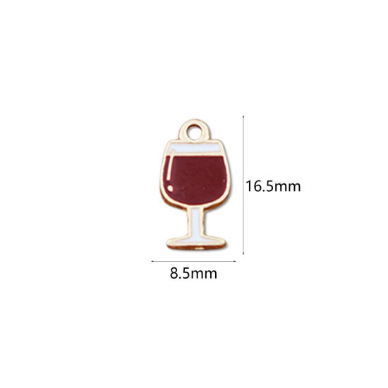 Bild von Zinklegierung Charms Weinglas Vergoldet Braun Emaille 16.5mm x 8.5mm, 10 Stück