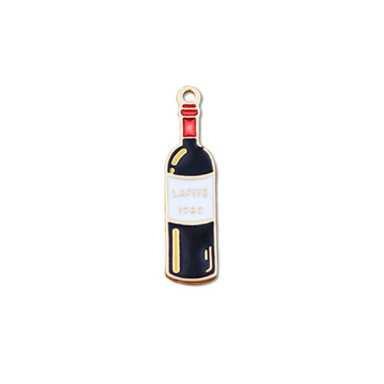 Image de Pendentifs en Alliage de Zinc Bouteille de Vin Doré Noir & Rouge Émail 3.2cm x 0.8cm, 10 Pcs