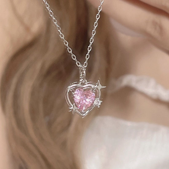 Picture of Brass Ins Style Pendant Necklace Heart Star Platinum Plated Hollow Pink Cubic Zirconia 40cm(15 6/8") long, 1 Piece                                                                                                                                            