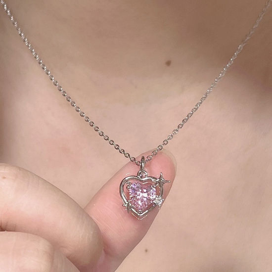 Picture of Brass Ins Style Pendant Necklace Heart Star Platinum Plated Hollow Pink Cubic Zirconia 40cm(15 6/8") long, 1 Piece                                                                                                                                            