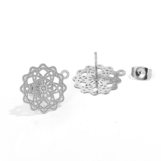 Picture of 304 Stainless Steel Boho Chic Bohemia Ear Post Stud Earrings Flower Silver Tone Filigree With Loop 17mm Dia., Post/ Wire Size: (21 gauge), 2 PCs