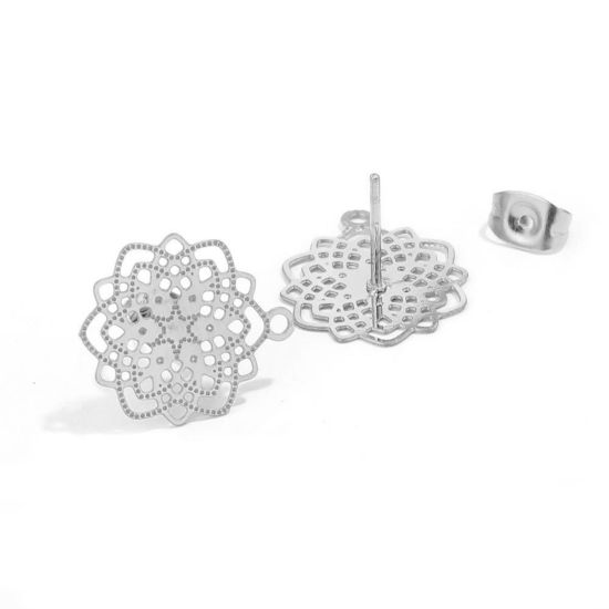 Picture of 2 PCs Vacuum Plating 304 Stainless Steel Boho Chic Bohemia Ear Post Stud Earrings Flower Silver Tone Filigree With Loop 17mm Dia., Post/ Wire Size: (21 gauge)