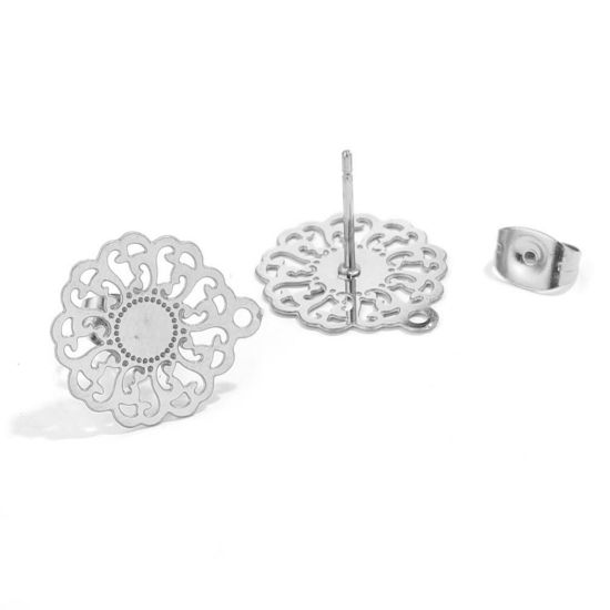 Picture of 2 PCs Vacuum Plating 304 Stainless Steel Boho Chic Bohemia Ear Post Stud Earrings Flower Silver Tone Filigree With Loop 16mm Dia., Post/ Wire Size: (21 gauge)